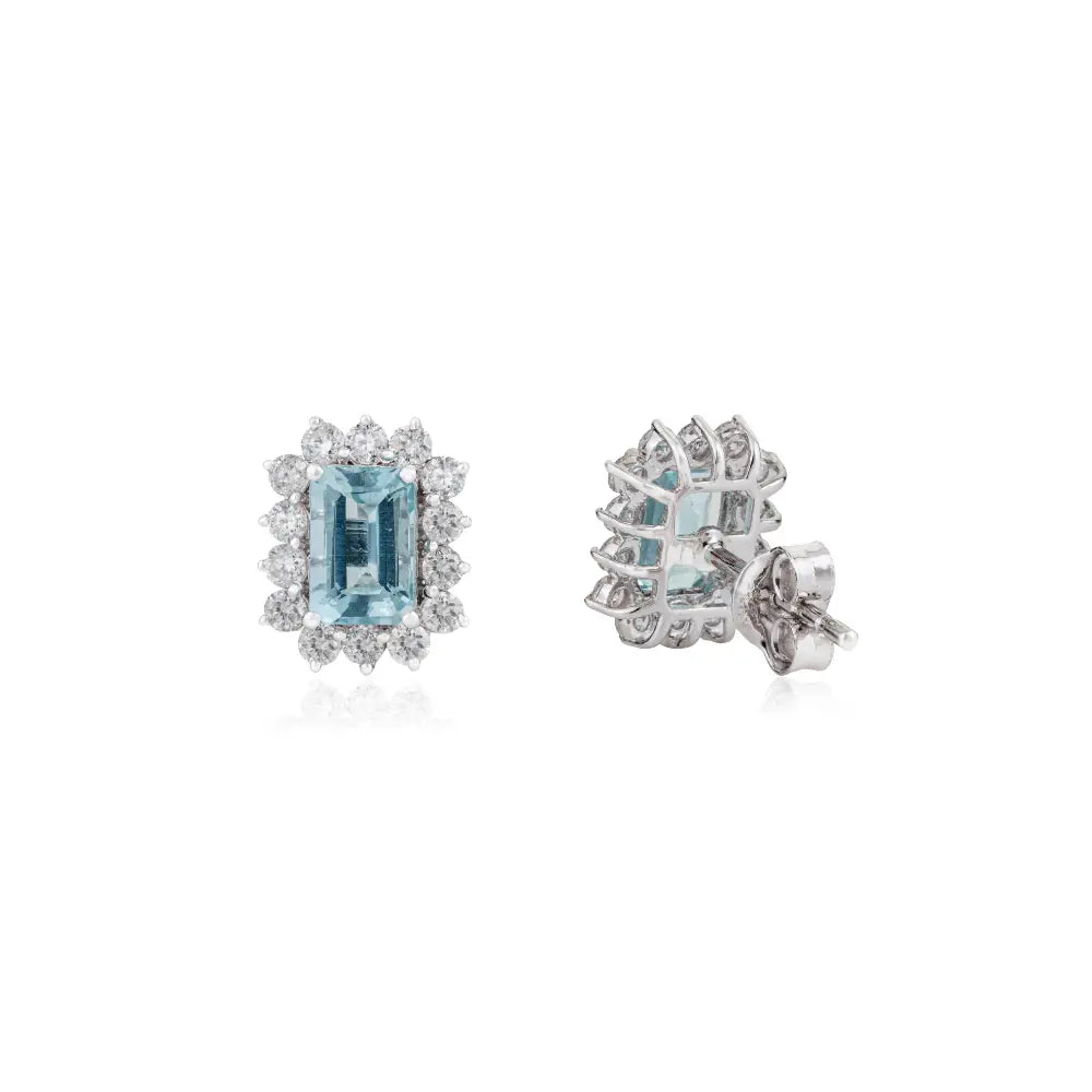 14K Real White Gold Aquamarine & Diamond Cluster Stud Earrings Bulk Handmade Jewelry