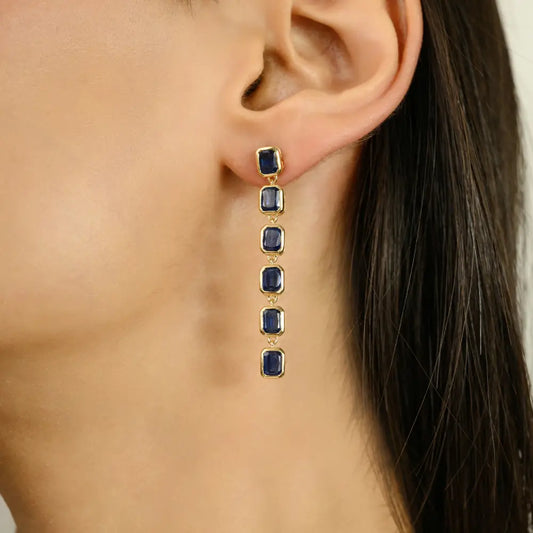 Blue Sapphire Bezel Setting Long Dangle Earrings 14K Solid Yellow Gold Women Gemstone Jewelry