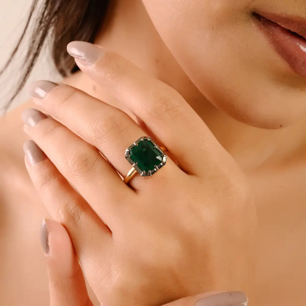 Pinion Bezel Set Emerald Gemstone Black Rhodium Plated Solitaire Gemstone Ring 18K Gold