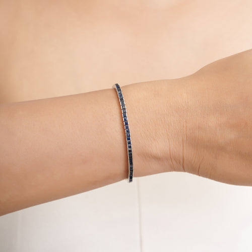 2mm Princess Cut Natural Blue Sapphire Gemstone Channel Set 925 Silver Tennis Bracelet