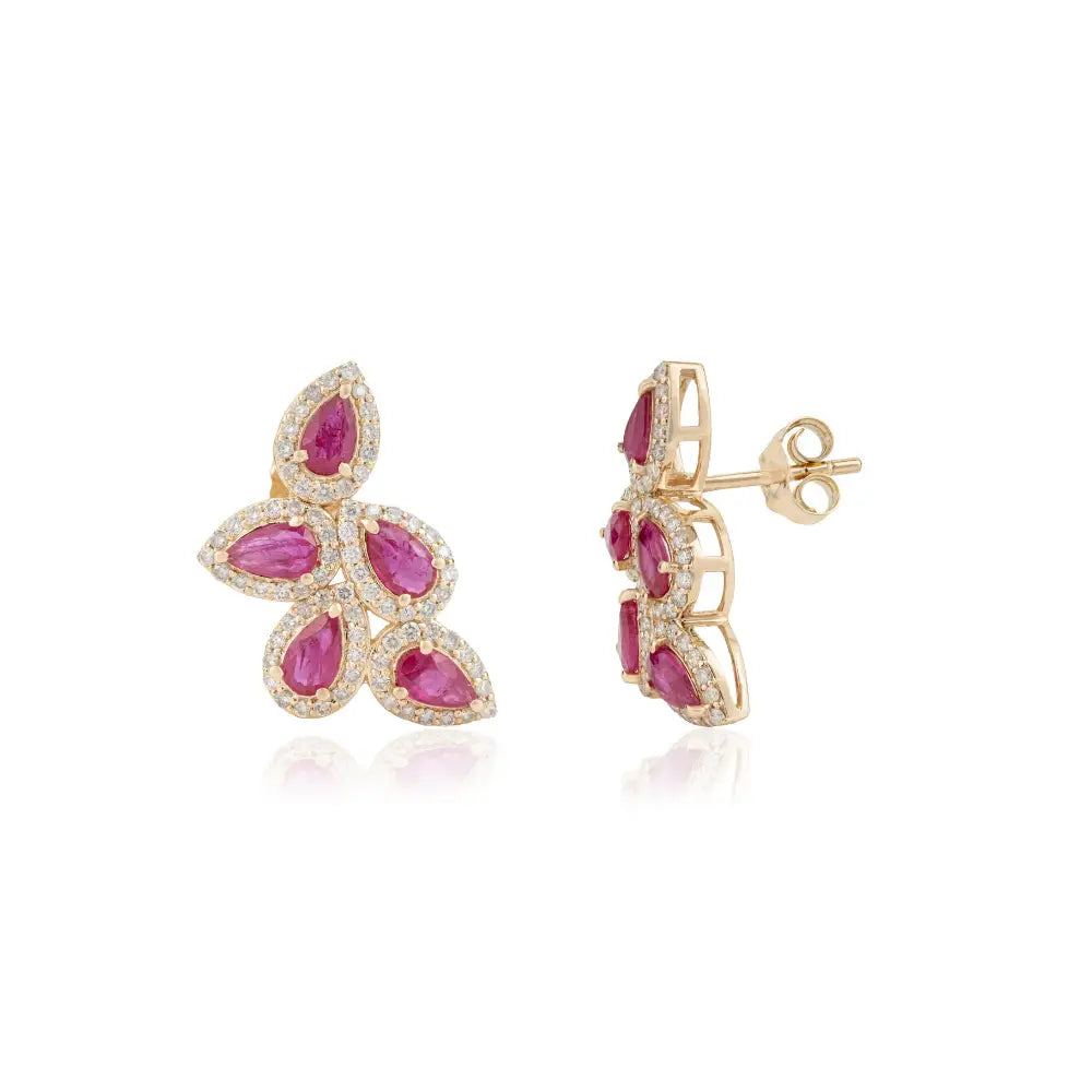 New Stylish 14K Real Yellow Ruby & Diamond Wings Shape Halo Stud Earrings Fine Jewelry