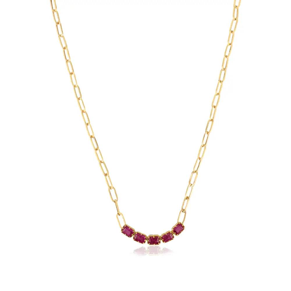 Hot Sale Pinion Bezel Set Ruby Paperclip Chain Five Stone Necklace Women Solid 18K Yellow Gold