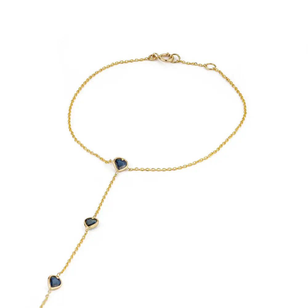Elegant Classic Design Heart Shape Blue Sapphire Hand Chain Bracelet Women's Jewelry 14K Yellow Gold