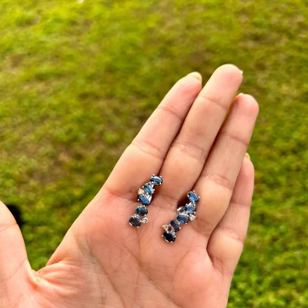 Oval Cut Blue Sapphire & Round Cut American Diamond Cuff Earrings Wholesale 925 Sterling Silver Jewelry