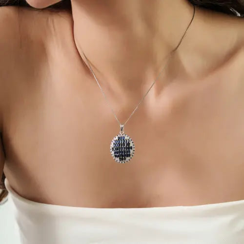 Designer 925 Sterling Silver Blue Sapphire & Diamond Oval Shape Pendant Fine Jewelry