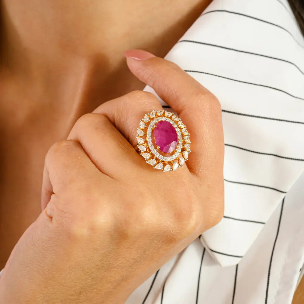 Genuine Ruby & Diamond Solid 14K Yellow Gold Cocktail Ring For Women Party Wear Jewelry