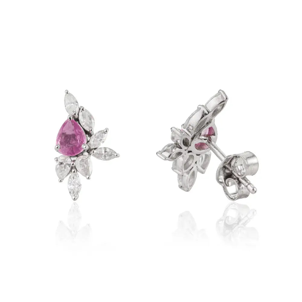 Unique Design Pink Sapphire & Diamond Stud Earrings Birthstone Jewelry 14K White Gold