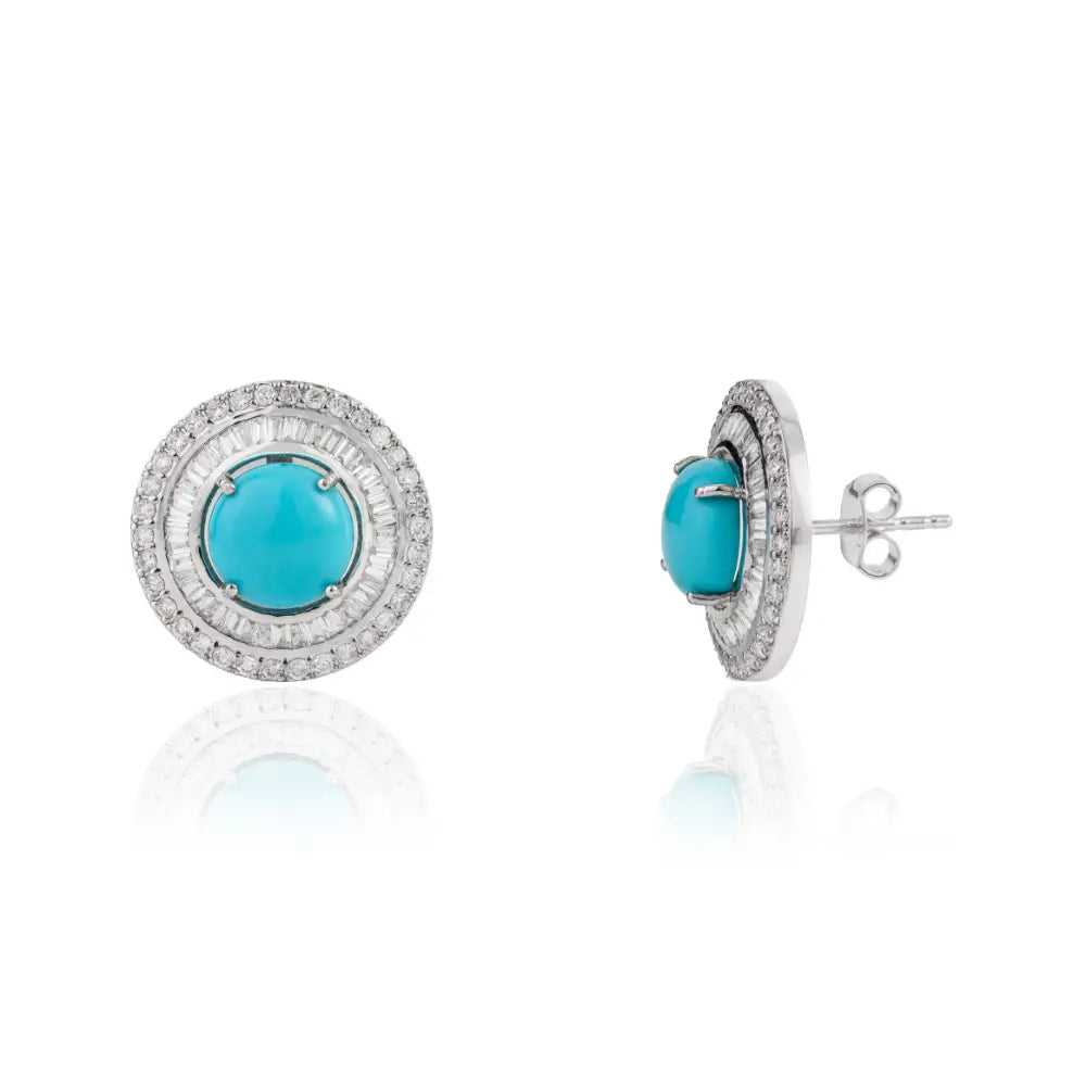 Trending Products 14K White Gold Turquoise & Diamond Round Shape Double Halo Stud Earrings