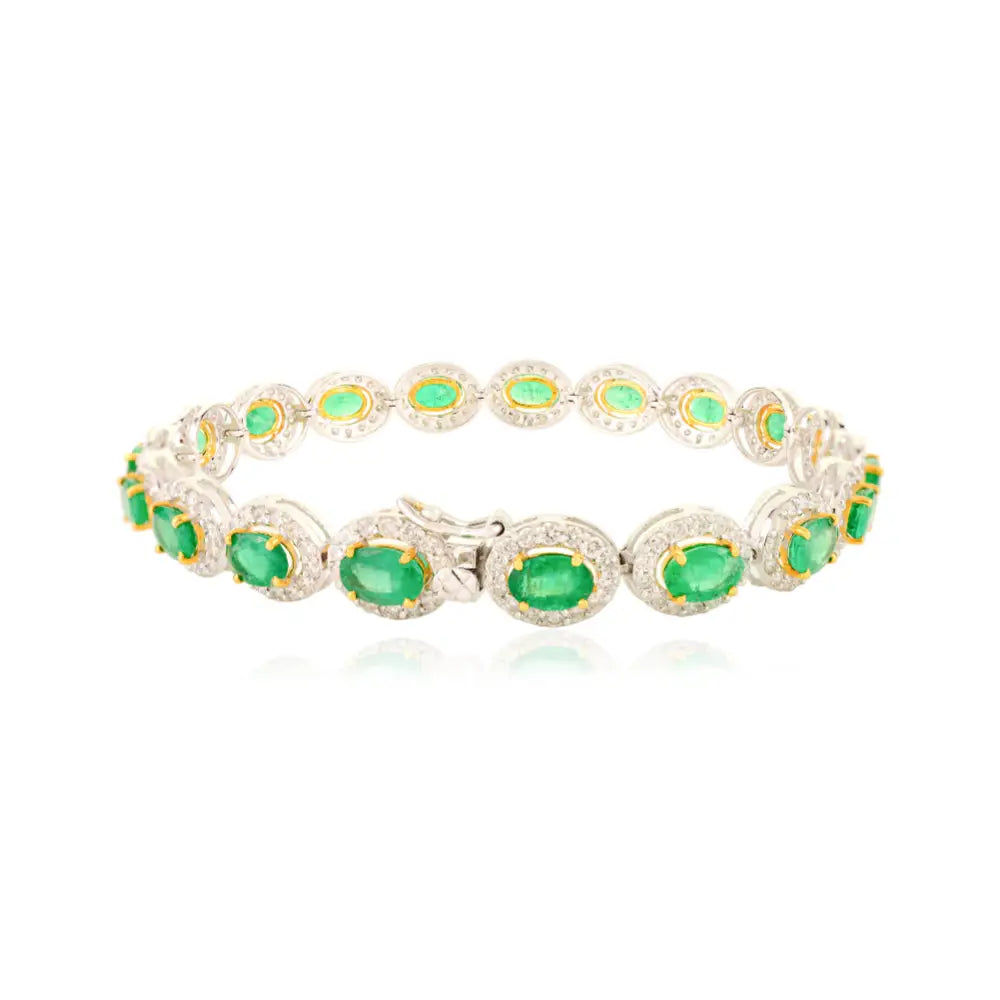 Luxurious High Quality Emerald & Diamond 18K Solid Two Tone Gold Halo Tennis Bracelet