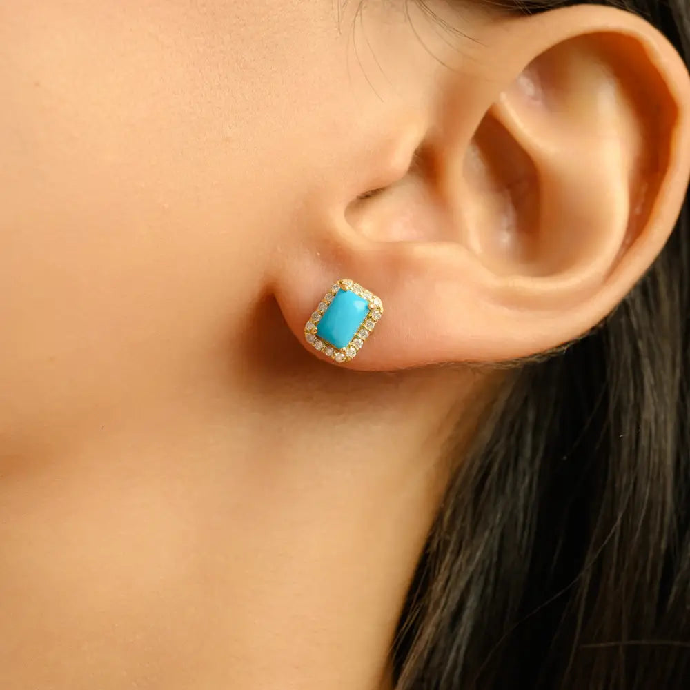 6x4 mm Turquoise & Diamond Stack Halo Cluster Stud Earrings Mother's Day Gift 18K Gold