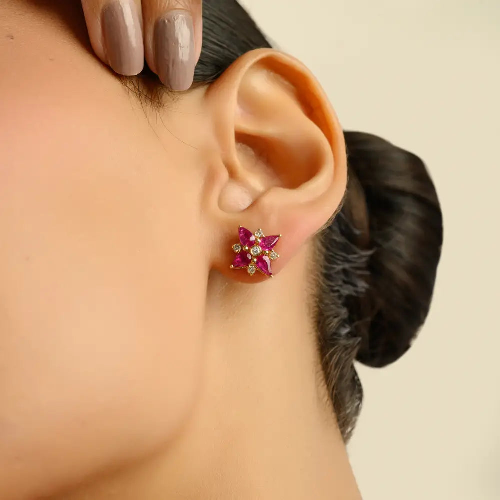 Pear Shape Ruby & Round Cut Diamond Floral Shape Statement Stud Earrings 14K Gold