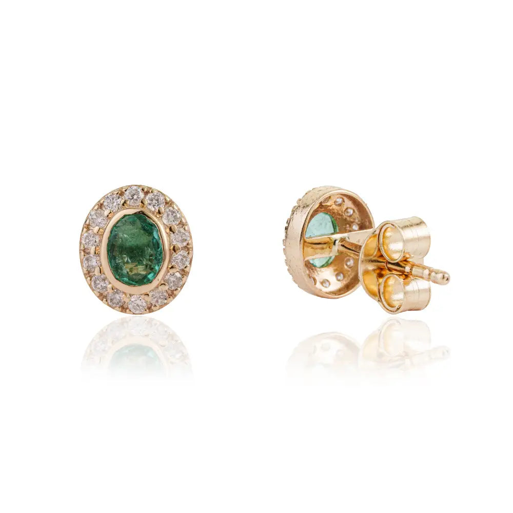 Bezel Set Emerald & Diamond Minimal Halo Stud Earrings For Girls Real 14K Yellow Gold