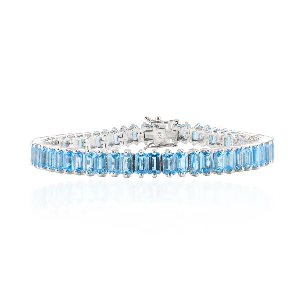 Stunning Baguette Shape Blue Topaz 925 Solid Silver Tennis Bracelet Custom Gemstone Jewelry