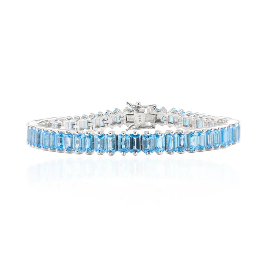 Stunning Baguette Shape Blue Topaz 925 Solid Silver Tennis Bracelet Custom Gemstone Jewelry