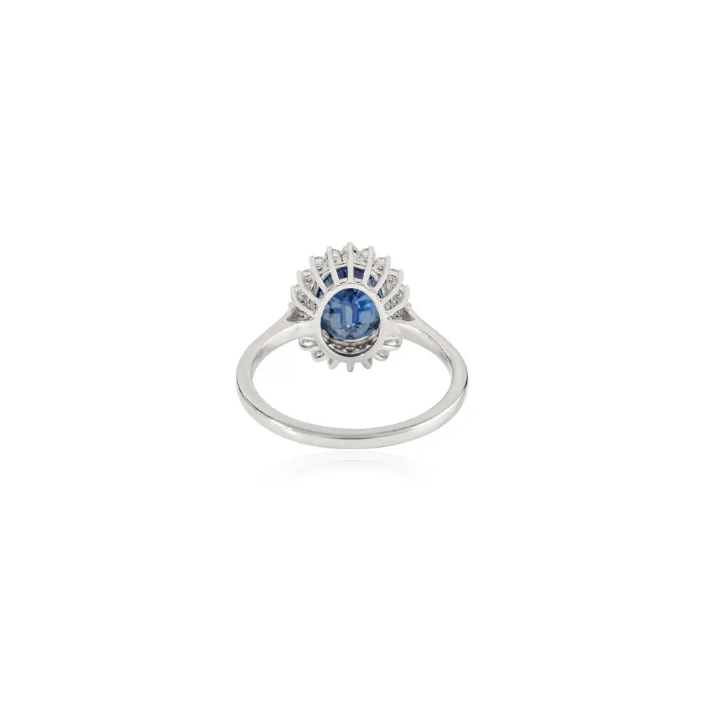 18K White Gold Prong Set Blue Sapphire & Diamond Princes Diana Ring Wedding Jewelry