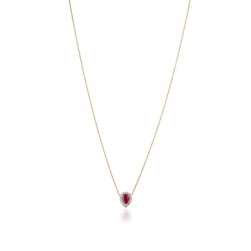 100% Genuine Ruby & Diamond 18K Pure Yellow Gold Single Stone Halo Pendant Necklace