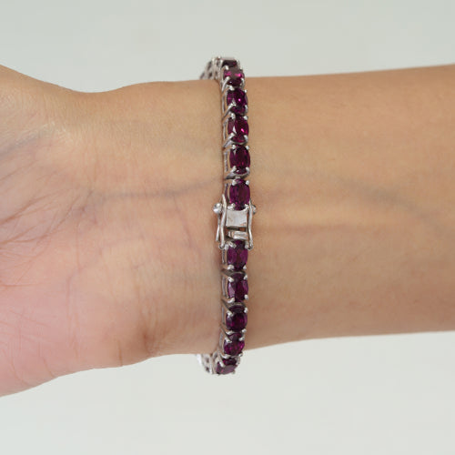 Simple Design Oval Cut Natural Rhodolite Gemstone 925 Silver Tennis Bracelet For Women