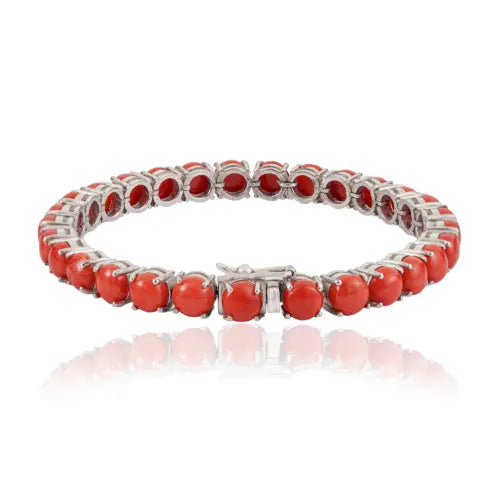 Beautiful 6 mm Round Natural Coral Gemstone 925 Sterling Silver Tennis Bracelet For Women's