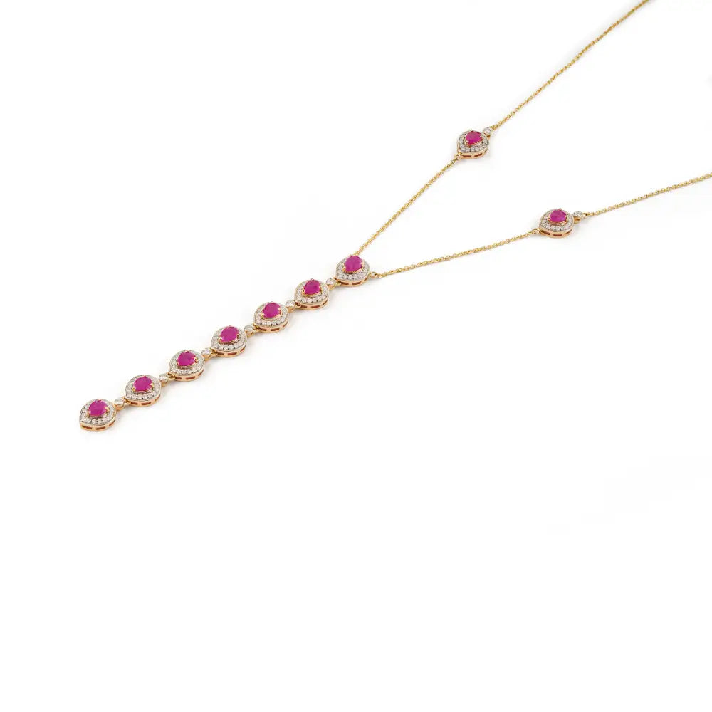 Natural Ruby & Diamond Halo Y Shape Lariat Necklace For Women Wedding 14K Yellow Gold