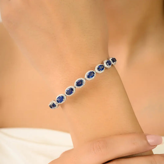 Prong Set Blue Sapphire & Diamond 18K Solid White Gold Halo Tennis Bracelet Statement Jewelry