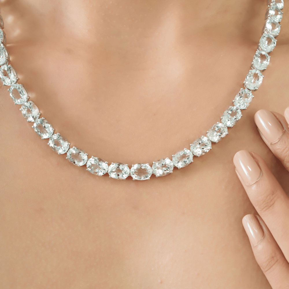 Stunning 925 Pure Silver Classic Tennis Necklace & Earrings Set Fine Jewelry For Women's