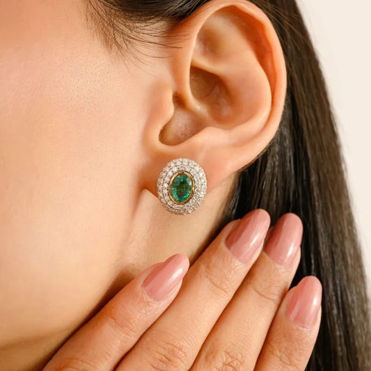 High Quality Emerald & Diamond Double Halo Stud Earrings 14K Gold Statement Jewelry