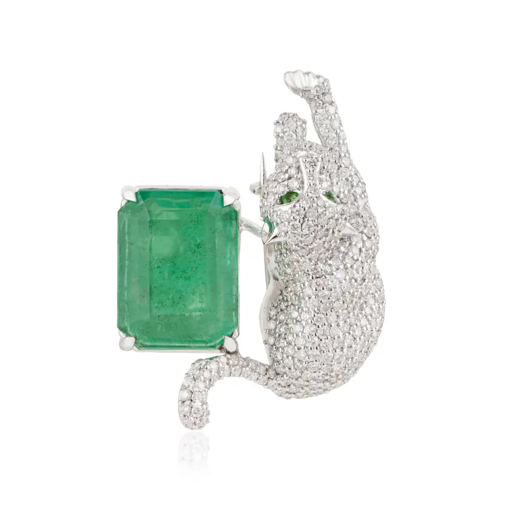 6.5 Ct. Zambian Emerald & Diamond Panther Brooch Party Wear 14K Real White Gold Jewelry