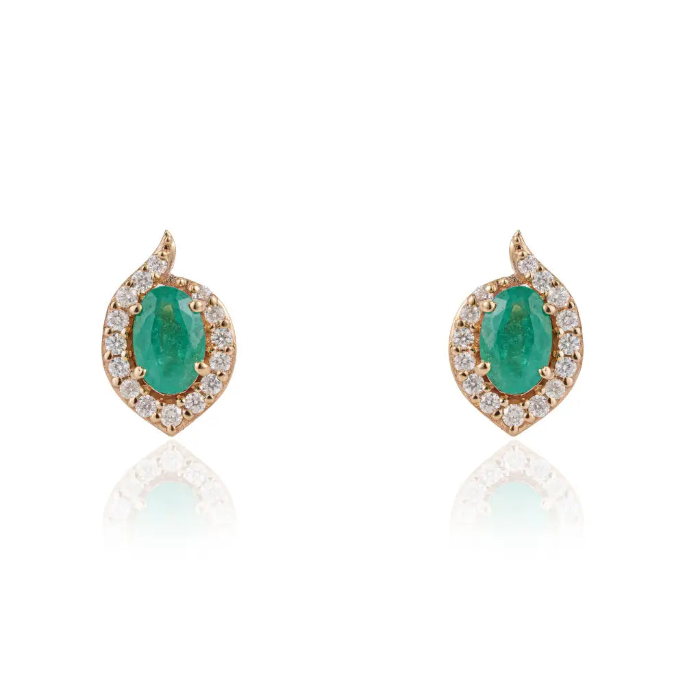 Trendy Design K14 Yellow Gold Emerald & Diamond Halo Stud Earrings For Daily Wear Jewelry