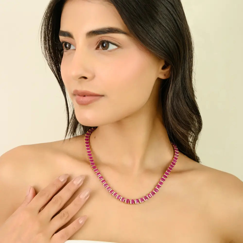 Bridal Jewelry Gemstone Ruby & Diamond Statement Tennis Necklace 14K Solid Yellow Gold