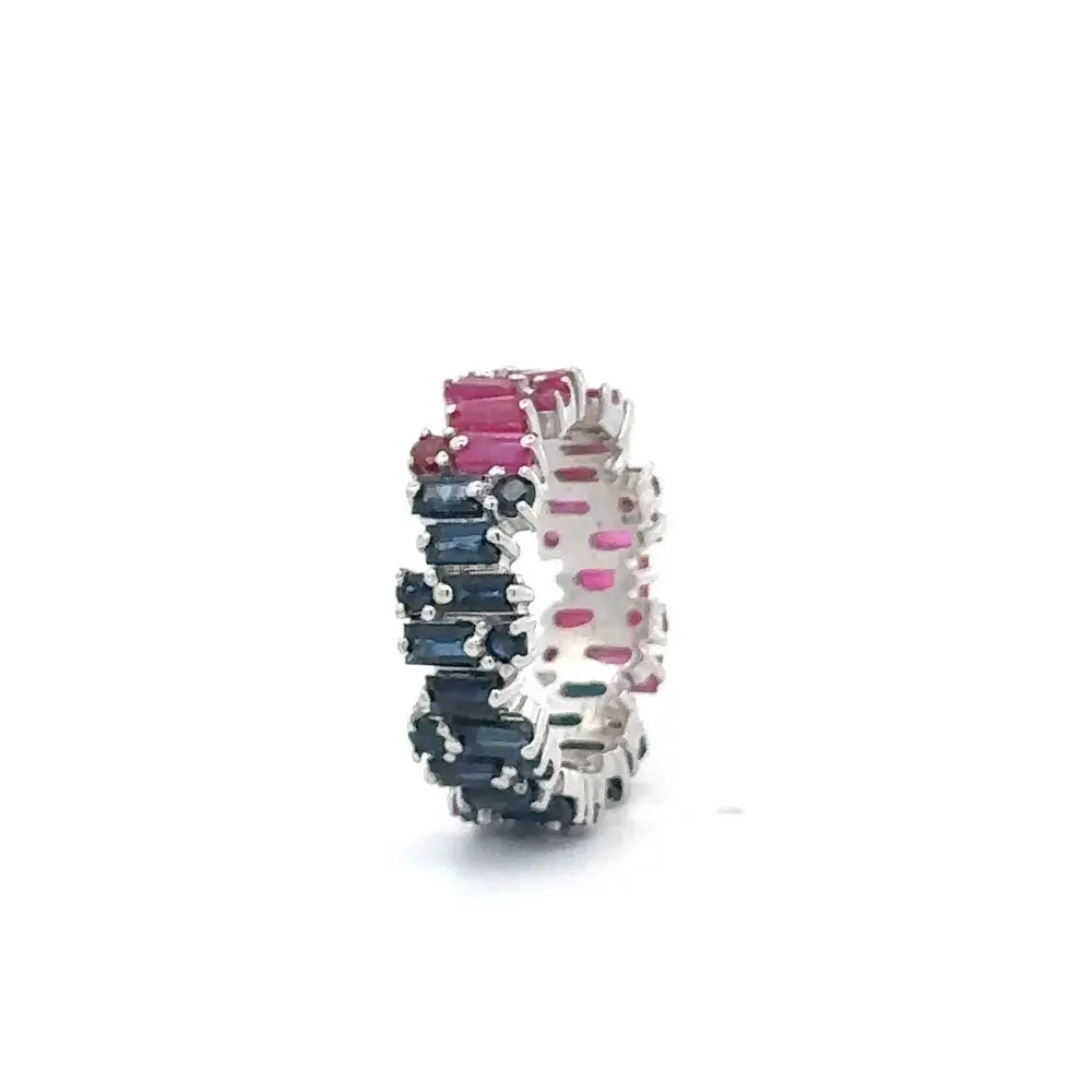 Precious Quality Real Ruby & Blue Sapphire Eternity Band Ring Set In Prong Setting 925 Sterling Silver