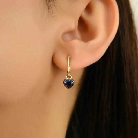 18K Yellow Gold Natural Blue Sapphire Heart Shape Gemstone Charm Stud Earrings Daily Wear