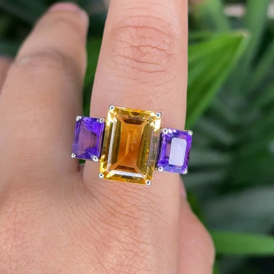 100% Natural Amethyst & Citrine Three Stone 925 Silver Ring For Unisex Wholesale Price