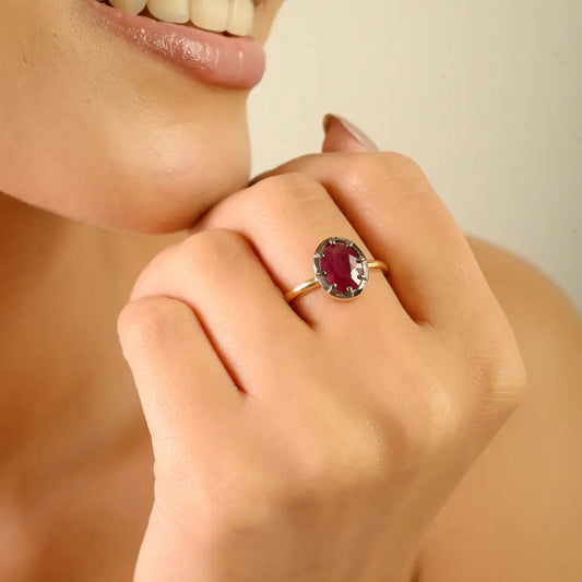 100% Genuine Ruby Single Stone Fine Gemstone Ring Black Rhodium Plated 18K Gold Jewelry