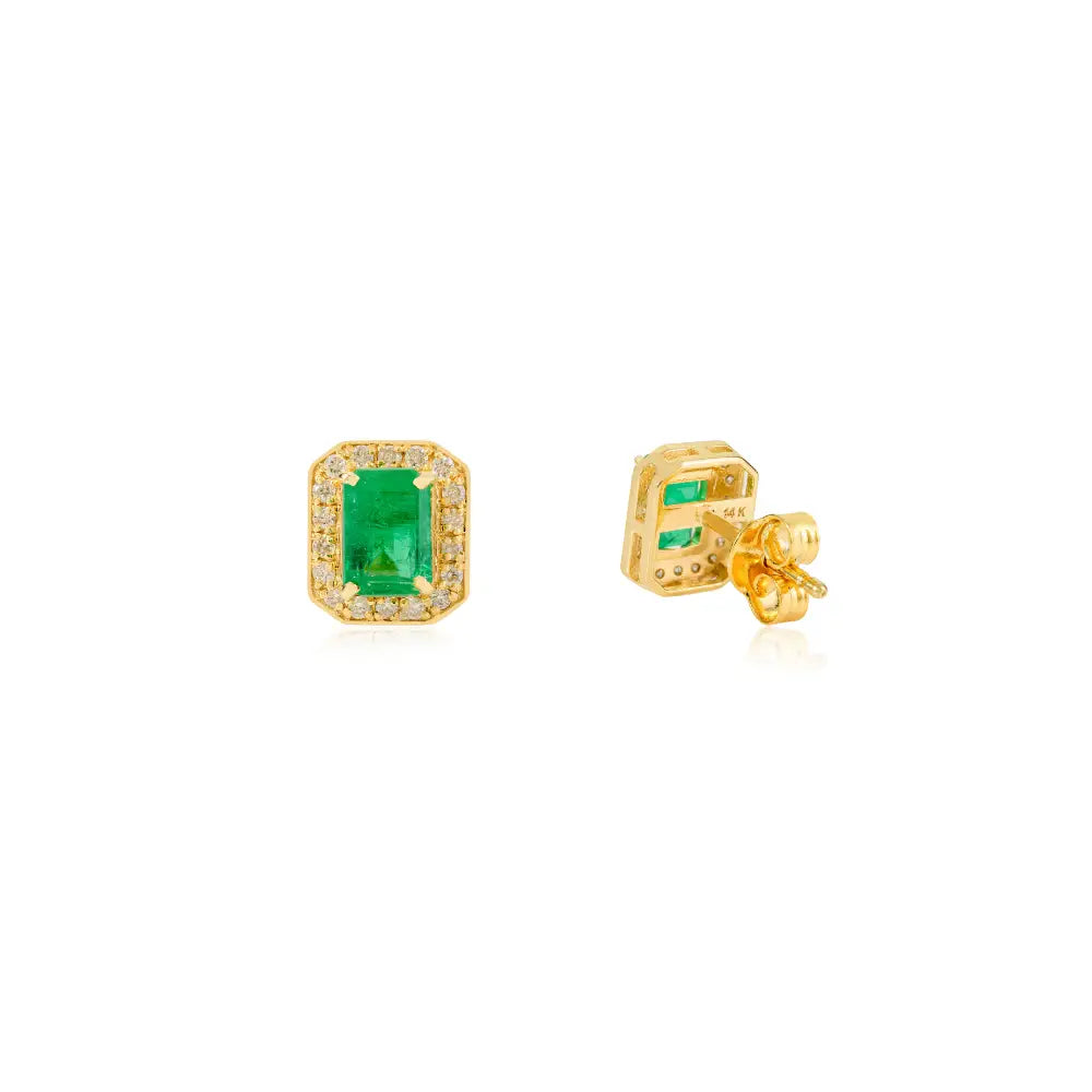 K14 Yellow Gold Octagon Shape Emerald & Diamond Push Back Halo Stud Earrings Women