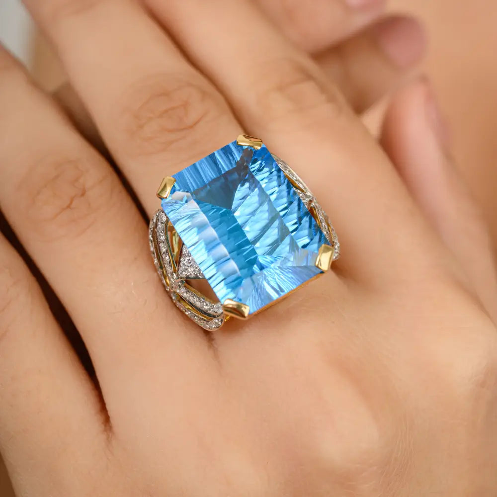 Unique Design Fine Blue Topaz & Diamond Statement Chunky Ring Wholesale Custom Jewelry