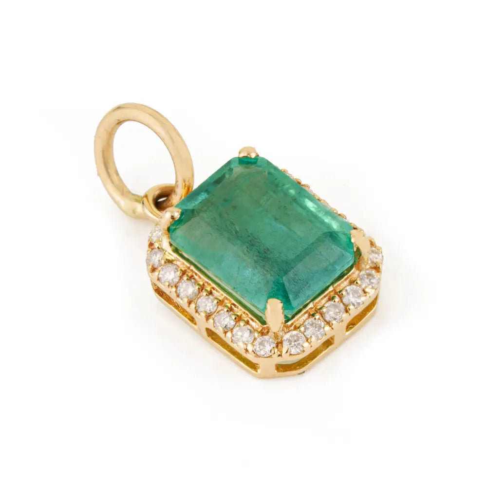 Trending Design 14K Yellow Gold Emerald & Diamond Halo Pendant May Birthstone Jewelry