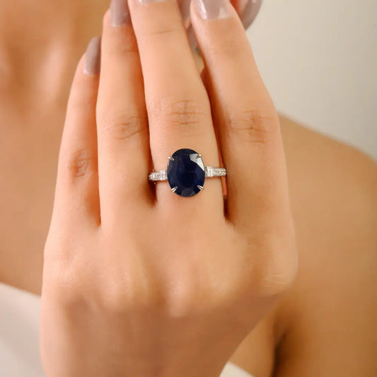 100% Genuine 5 Ct. Blue Sapphire Gemstone & Diamond Engagement Ring 18K Real Gold