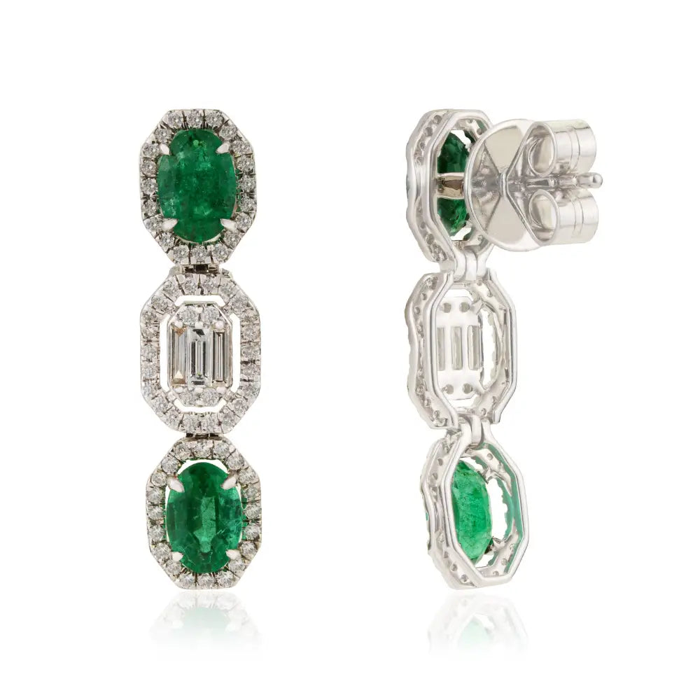 May Birthstone Genuine Emerald & Diamond Drop Earrings Luxury 14K White Gold Jewelry