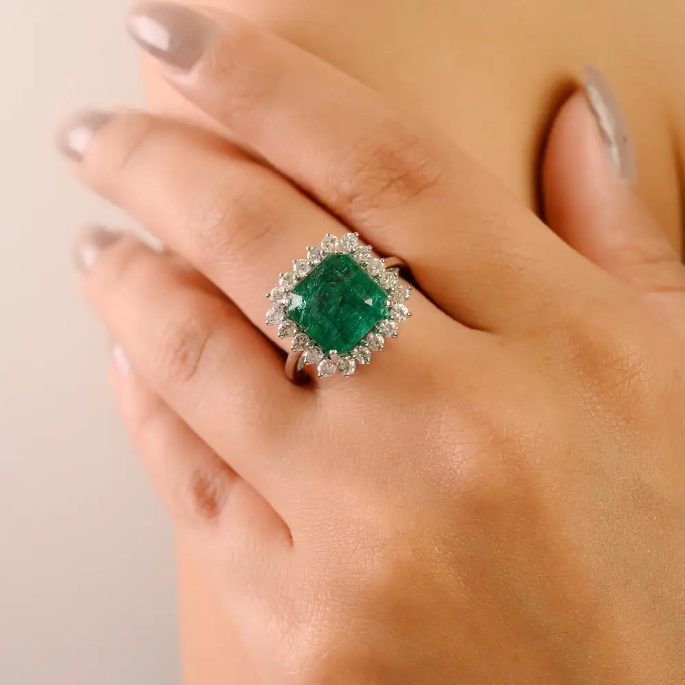 Asscher Cut Emerald & Diamond Fine Cluster Ring 14K Solid White Gold Statement Jewelry