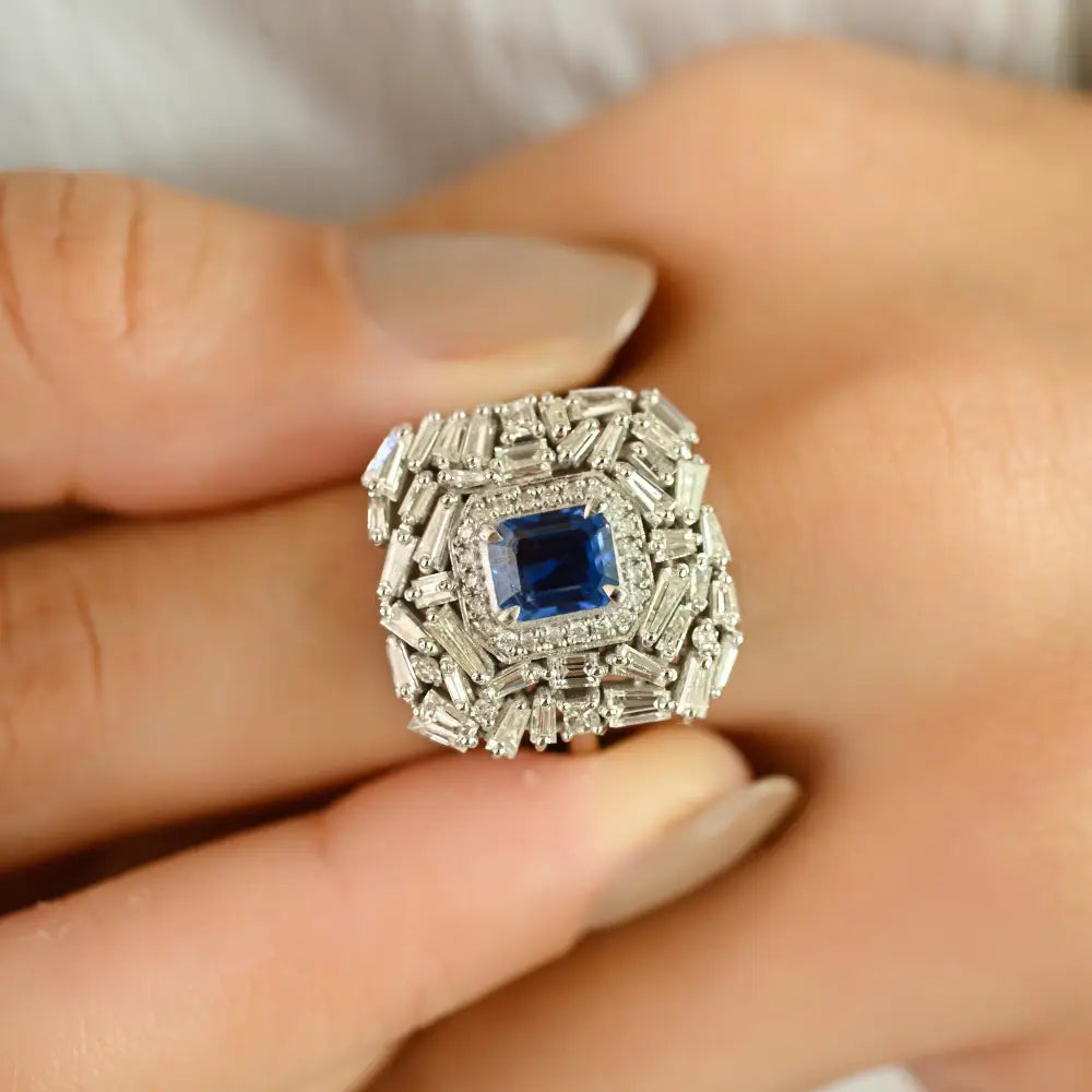 14K White Gold Blue Sapphire & Diamond Statement Ring Luxury Bold Jewelry Manufacturer