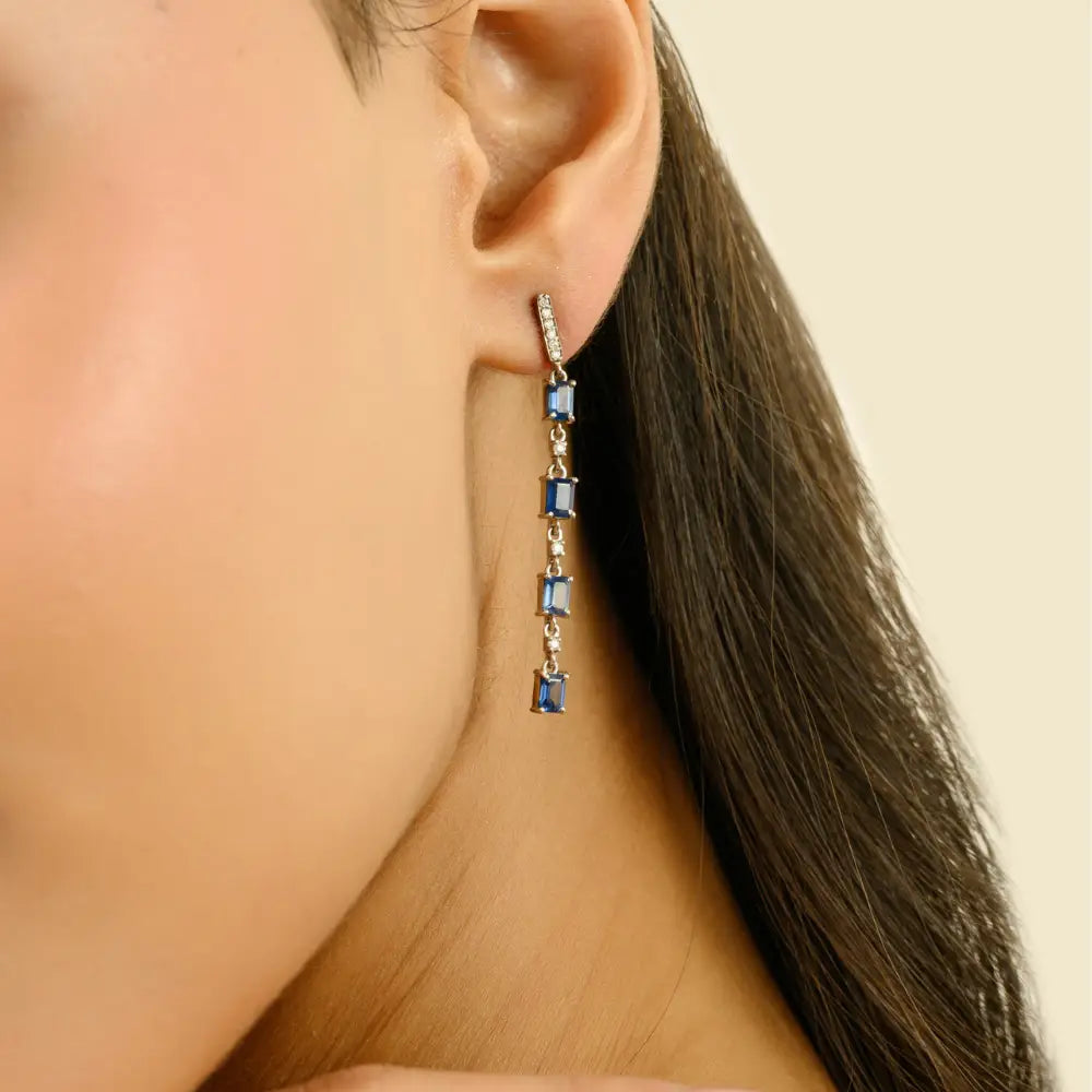 K14 White Gold Blue Sapphire & Diamond Women Dangle Earrings Wedding Engagement Jewelry