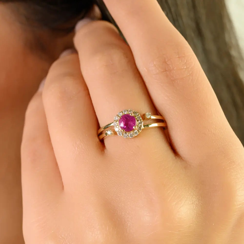 Real Round Ruby & Diamond Cluster Split Shank Ring For Women 14K Yellow Gold Gift For Wife