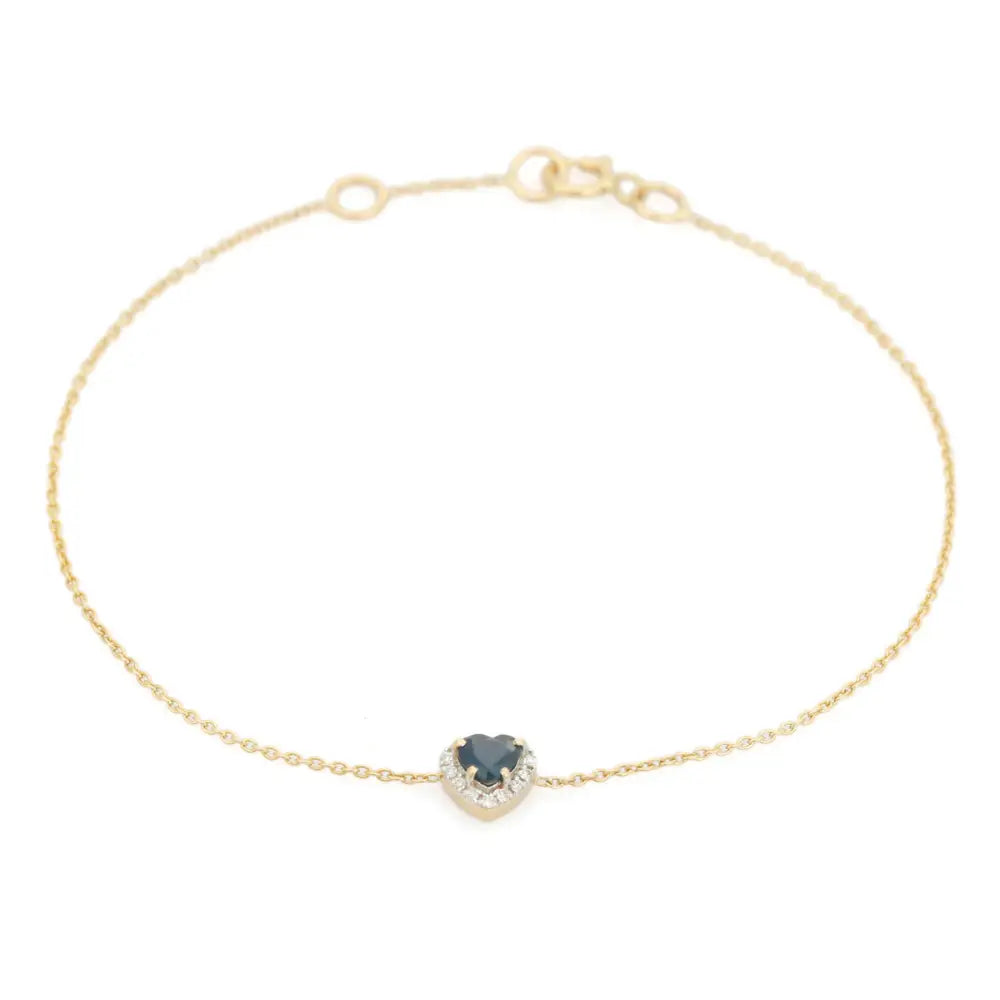 Prong Set Blue Sapphire & Diamond Heart Shape Halo Solitaire Bracelet 14K Yellow Gold Jewelry