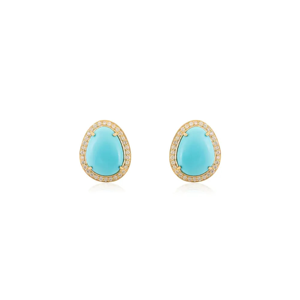 Uneven Shape Turquoise & Diamond Halo Stud Earrings K14 Yellow Gold Women Jewelry