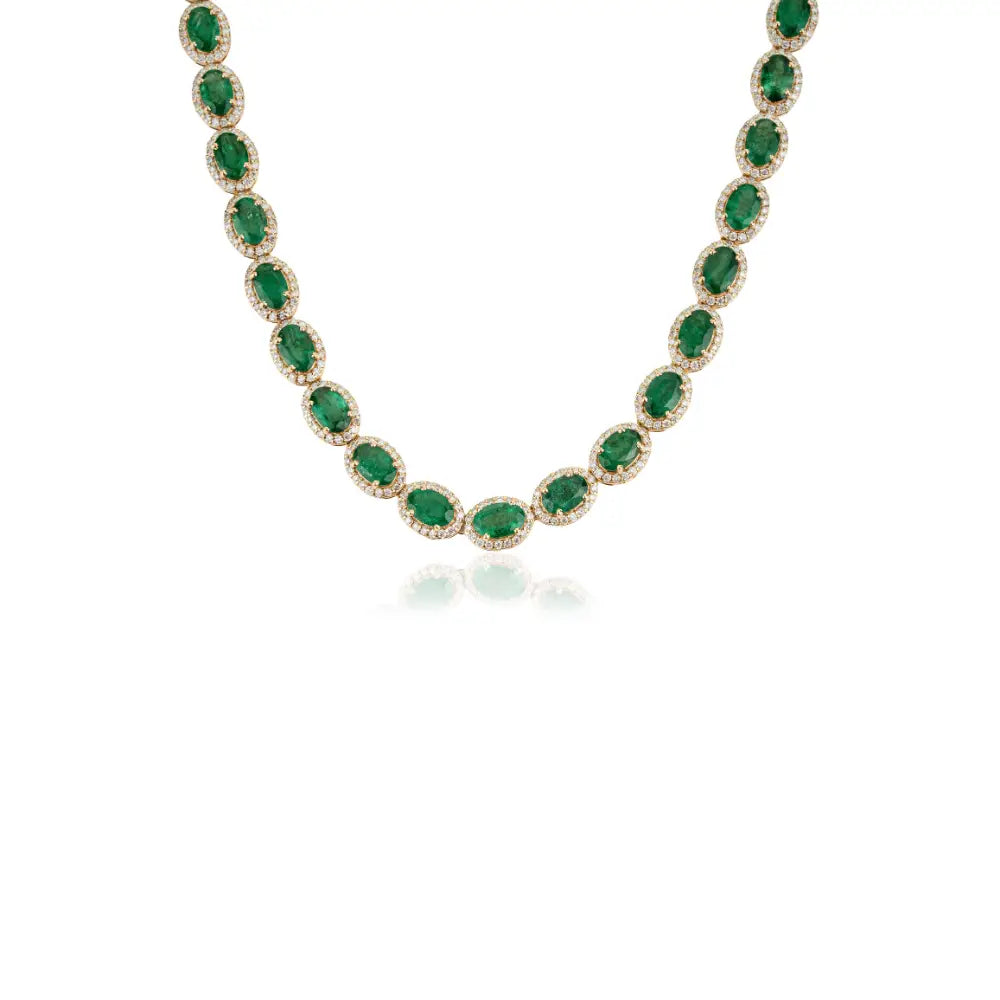 Luxurious 22.13 Ct. Emerald & Diamond Halo Tennis Necklace K18 Yellow Gold Wedding Jewelry