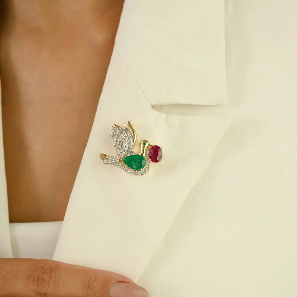 New Creative Design Emerald Ruby & Diamond Dove Brooch K14 Gold Unisex Wedding Jewelry