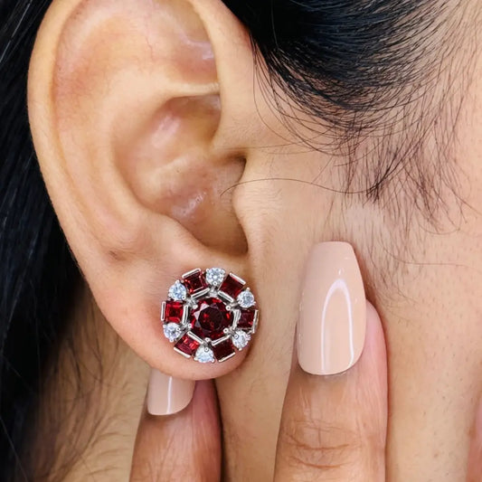 Handmade Genuine Garnet & American Diamond Minimal Round Stud Earrings Anniversary Gift
