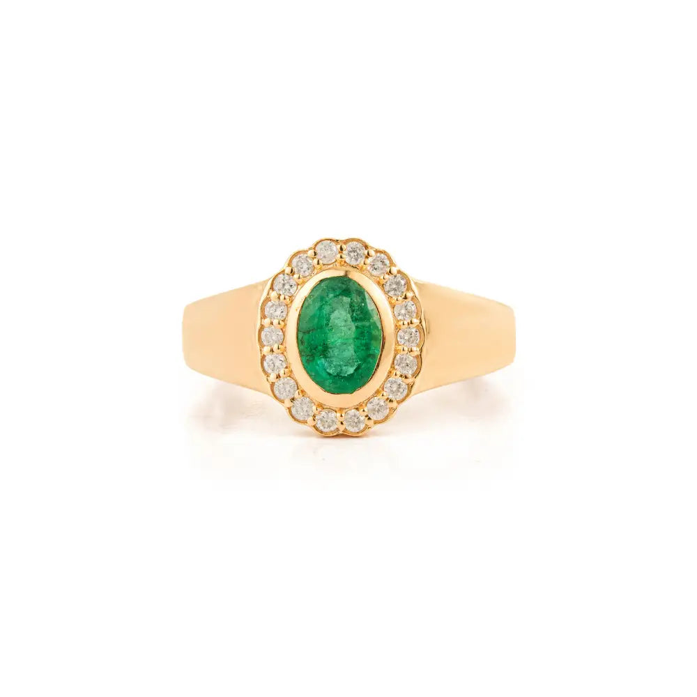 Precious Gemstone Emerald & Diamond Halo Signet Ring 14K Yellow Gold Handmade Jewelry