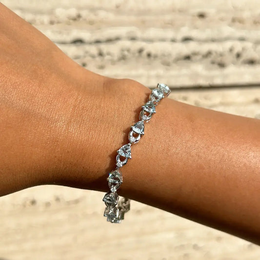Heart Shape Aquamarine & Round Cut American Diamond Stackable Bracelet In 925 Sterling Silver