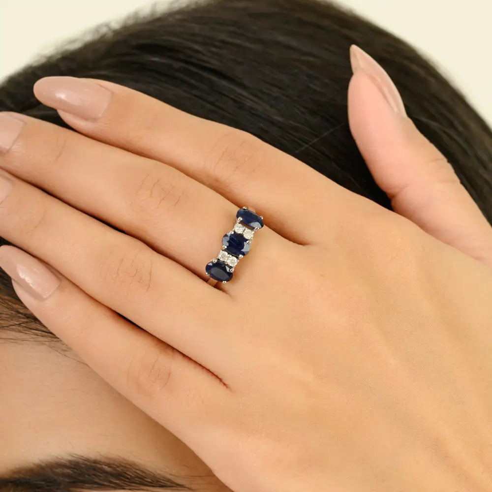 Prong Set Blue Sapphire & Diamond Latest Design 14K Gold Three Stone Ring Stack Jewelry